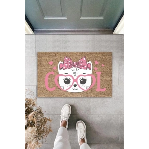 Dijital Baskı Kahverengi Cool Pembe Gözlüklü Fiyonklu Kedi Dekoratif Kapı Paspası K-2039
