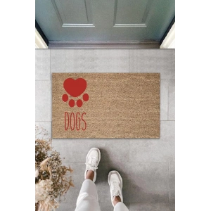 Dijital Baskı Kahverengi Kırmızı Kalpli Dogs Dekoratif Kapı Paspası K-2072