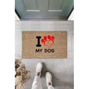 Dijital Baskı Kahverengi Kırmızı Kalpli I Love My Dog Dekoratif Kapı Paspası K-2016