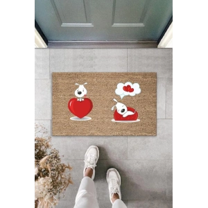Dijital Baskı Kahverengi Kırmızı Kalpli Rüya Gören Köpekler Dekoratif Kapı Paspası K-2012