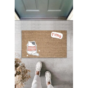 Dijital Baskı Kahverengi Meowy Yazılı Arkasını Dönmüş Kazaklı Kedi Kapı Paspası K-2060