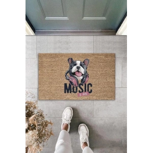 Dijital Baskı Kahverengi Music Yazılı Kulaklıklı Köpek Dekoratif Kapı Paspası K-2042