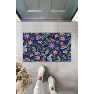 Dijital Çoklu Çiçekler Lacivert Kapı Paspası Dış Mekan Paspas K-3066
