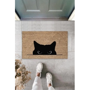 Dijital Kara Kedi Bej Kapı Paspası Dış Mekan Paspas K-3185