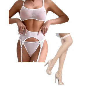 Dropcek Fantezi Beyaz Transparan Tül Jartiyer Takımı TG273262