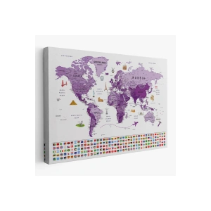 Dünya Haritası Ayrıntılı Eğitici  Sembollü Bayraklı Dekoratif Kanvas Tablo 2819
