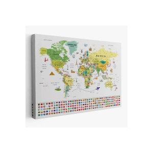 Dünya Haritası Ayrıntılı Eğitici  Sembollü Bayraklı Dekoratif Kanvas Tablo 2835