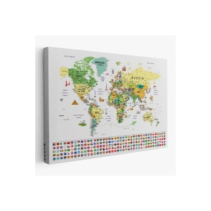 Dünya Haritası Ayrıntılı Eğitici  Sembollü Bayraklı Dekoratif Kanvas Tablo 2847