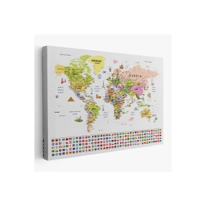 Dünya Haritası Ayrıntılı Eğitici  Sembollü Bayraklı Dekoratif Kanvas Tablo 2849