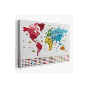 Dünya Haritası Ayrıntılı Eğitici  Sembollü Bayraklı Dekoratif Kanvas Tablo 2877