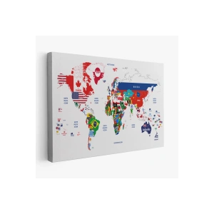 Dünya Haritası Bayrak Desenli Dekoratif Kanvas Tablo 1043
