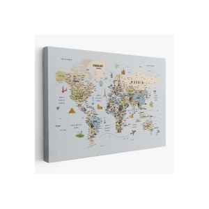 Dünya Haritası Çok Detaylı Ünlü Yerler Sembollü Kanvas Tablo 1746