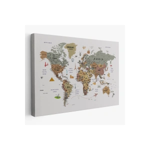 Dünya Haritası Çok Detaylı Ünlü Yerler Sembollü Kanvas Tablo 1774