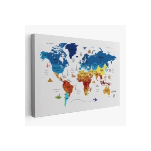 Dünya Haritası Dekoratif Kanvas Tablo Ülke ve Başkentli Öğretici ve Sembollü 2267