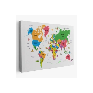 Dünya Haritası Dekoratif Kanvas Tablo Ülke ve Başkentli Öğretici ve Sembollü 2273
