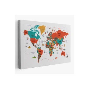 Dünya Haritası Dekoratif Kanvas Tablo Ülke ve Başkentli Öğretici ve Sembollü 2291