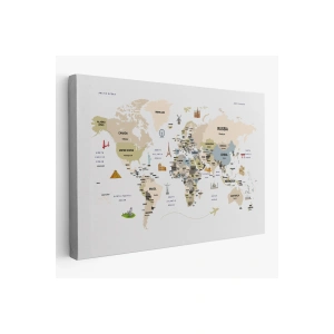 Dünya Haritası Dekoratif Kanvas Tablo Ülke ve Başkentli Öğretici ve Sembollü 2301