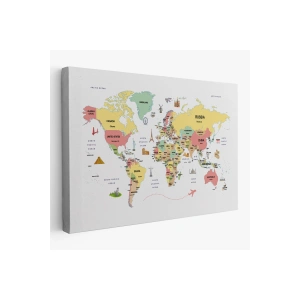 Dünya Haritası Dekoratif Kanvas Tablo Ülke ve Başkentli Öğretici ve Sembollü 2313
