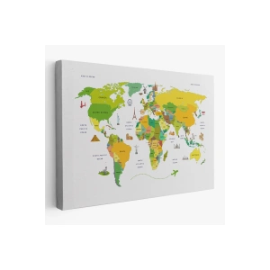 Dünya Haritası Dekoratif Kanvas Tablo Ülke ve Başkentli Öğretici ve Sembollü 2325