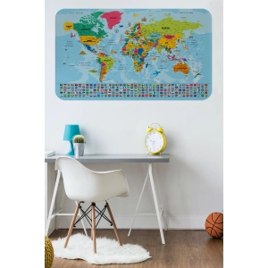 Dünya Haritası Eğitici Ülke Bayraklı Türkçe Harita Çocuk ve Genç Odası Duvar Sticker-60x105-3865B
