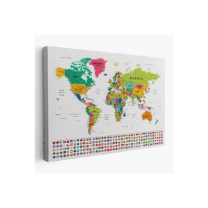 Dünya Haritası Son Derece Ayrıntılı Eğitici  ve Bayraklı Dekoratif Kanvas Tablo 2798