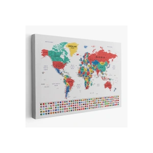 Dünya Haritası Son Derece Ayrıntılı Eğitici  ve Bayraklı Kanvas Tablo 2794