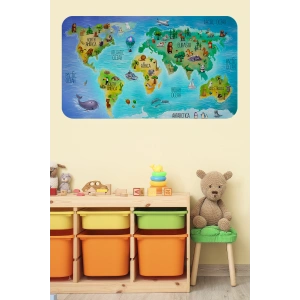 Eğitici Dünya Haritası Dünya Atlası Çocuk ve Bebek Odası Duvar Sticker -60x105-3800