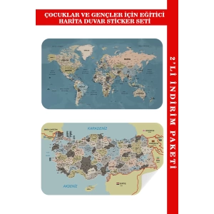 Eğitici - Öğretici Dünya ve Türkiye Haritası Çocuk Odası Duvar Sticker-60x105-3889