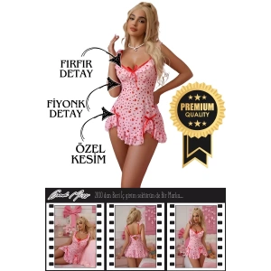 Gecelik Fırfır Detay Pembe String Hediyeli