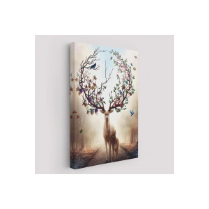 Geyik YBoynuzları Üzerinde Renkli Kuşlar Tablosu-6477