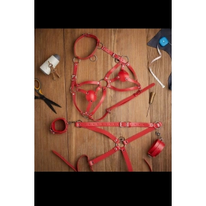 Harness Kırmızı Kalp Detaylı Bustiyer Kelepçe Kemer Seti