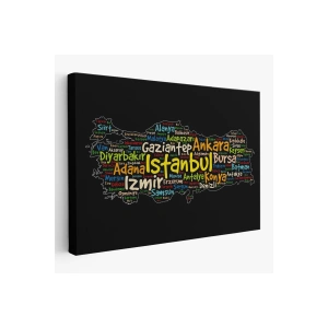 İller İsimli Siyah Zeminli Dekoratif Kanvas Tablo 1005