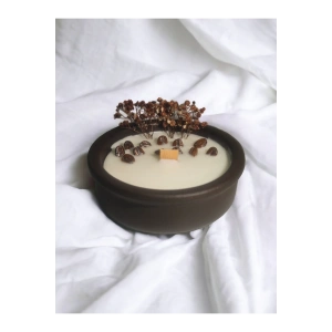 Kahve Kokulu Aromaterapi Mum, Ahşap Fitilli, Dekoratif Doğal Çömlek Mum