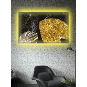 Led Işıklı Gold Siyah Yaprak Tablo