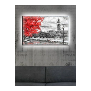 Led Işıklı Nostaljik Kırmızı Ağaç Kanvas Tablo