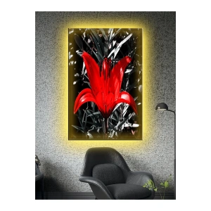 Led Işıklı Siyah Kırmızı Çiçek Kanvas Tablo