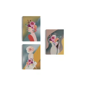 Renkli Çiçekli Kadınlar Dekoratif Duvar Tablosu Üçlü Set-DJ-87
