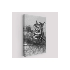 Süpürge ile Uçan Yaşlı Cadı ve Kedisi, Cadılar Bayramı Hediyesi, Hellowen Tablo -6304