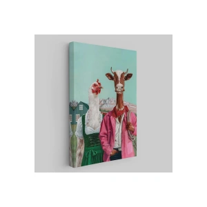 Tavuk ve İnek Amerikan Gotik Komik Çiftlik Tablosu-6349