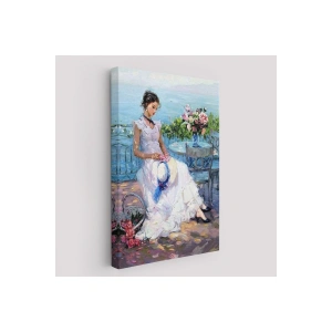 Terastaki Beyaz Elbiseli Güzel Kadın Tablosu-6273