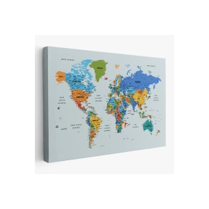 Türkçe Detaylı Dünya Haritası Dekoratif Renkli Zeminli Kanvas Tablo 1707