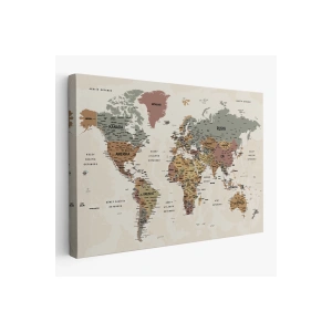 Türkçe Dünya Haritası Ayrıntılı Eğitici-Öğretici Okyanuslu Dekoratif Kanvas Tablo 2550