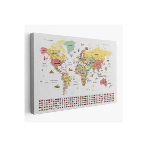 Türkçe Dünya Haritası Ayrıntılı Eğitici  Sembollü Bayraklı Dekoratif Kanvas Tablo 2864