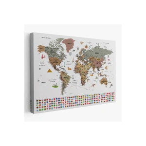 Türkçe Dünya Haritası Ayrıntılı Eğitici  Sembollü Bayraklı Dekoratif Kanvas Tablo 2880