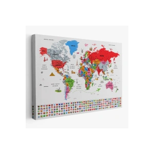 Türkçe Dünya Haritası Ayrıntılı Eğitici  Sembollü Bayraklı Dekoratif Kanvas Tablo 2884