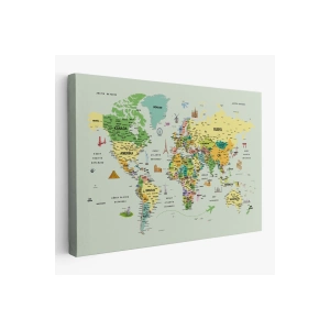 Türkçe Dünya Haritası Çok Detaylı Ünlü Yerler Sembollü Kanvas Tablo 1741