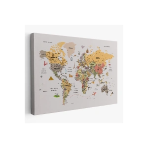 Türkçe Dünya Haritası Çok Detaylı Ünlü Yerler Sembollü Kanvas Tablo 1747