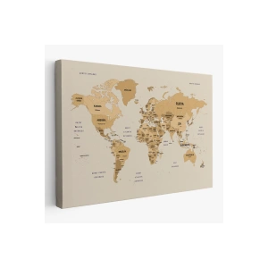Türkçe Dünya Haritası Kanvas Tablo  Ülke Başkent Detaylı ve Dekoratif 2618