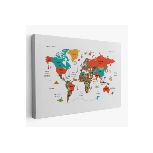 Türkçe Dünya Haritası Kanvas Tablo Ülke-Başkentli Öğretici ve Sembollü 2290
