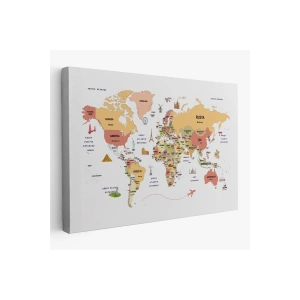 Türkçe Dünya Haritası Kanvas Tablo Ülke-Başkentli Öğretici ve Sembollü 2308